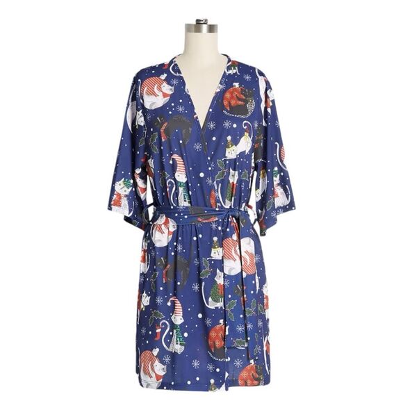 NWT Modcloth Feline Christmassy Robe Cats Christmas Happy Holiday Womens S/M - Picture 2 of 5